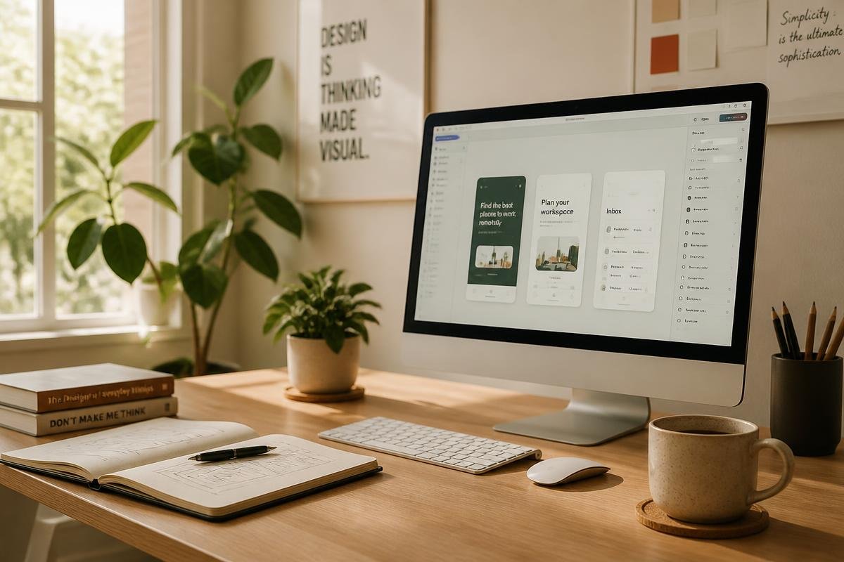 A warm, minimal designer workspace with a monitor, notebook, plants and natural light